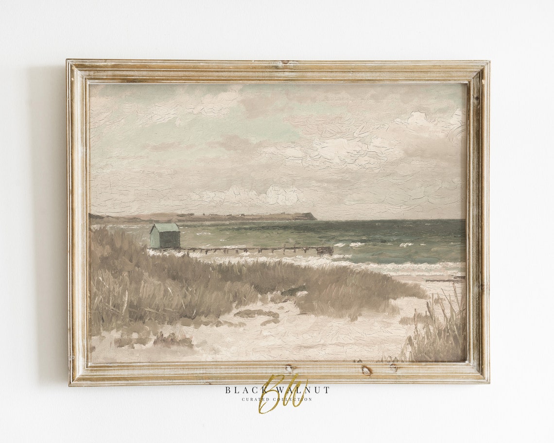 Neutral Coastal Painting Dunes Beach Hut Pier Gray Green Sea Poster