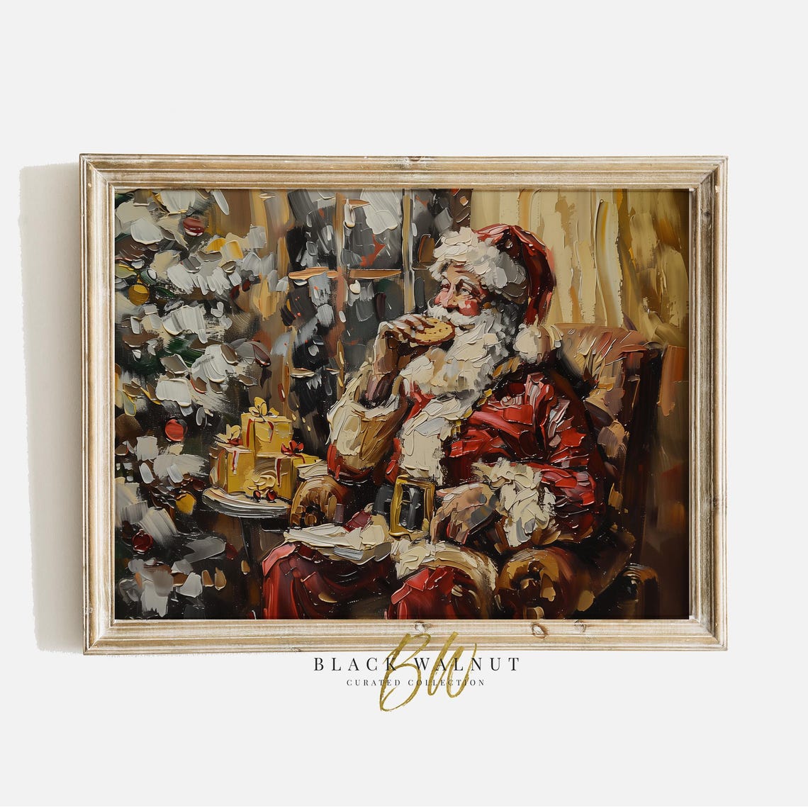 Jolly Santa Eating Cookie Armchair Christmas Tree Textured Art Poster