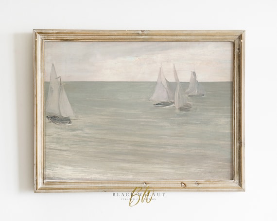 Sailboats on Calm Gray Sea Muted Pastel Nautical Watercolor Coastal Poster