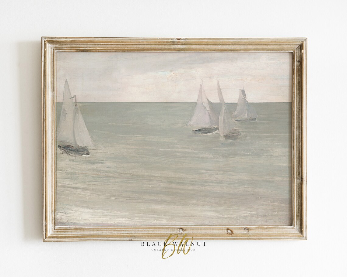 Sailboats on Calm Gray Sea Muted Pastel Nautical Watercolor Coastal Poster