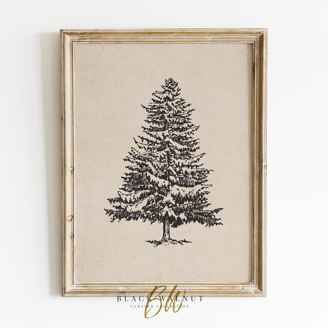 Winter Tree Sketch Christmas Art Print, Neutral Farmhouse