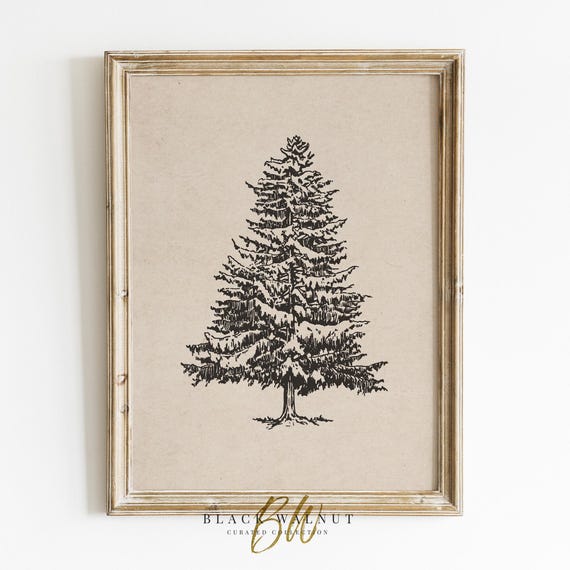 Winter Tree Sketch Christmas Art Print, Neutral Farmhouse