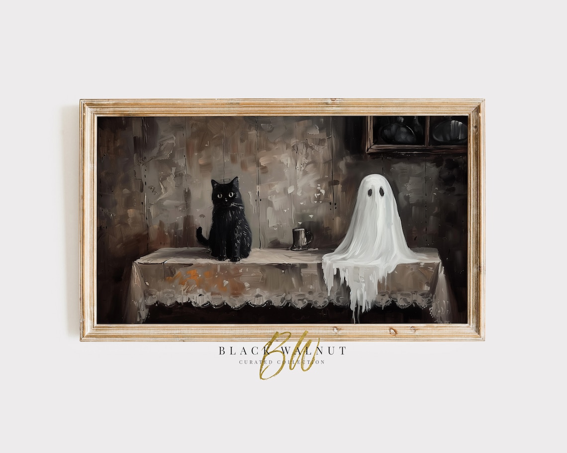 Halloween Ghost Black Cat, Vintage Style Art Print