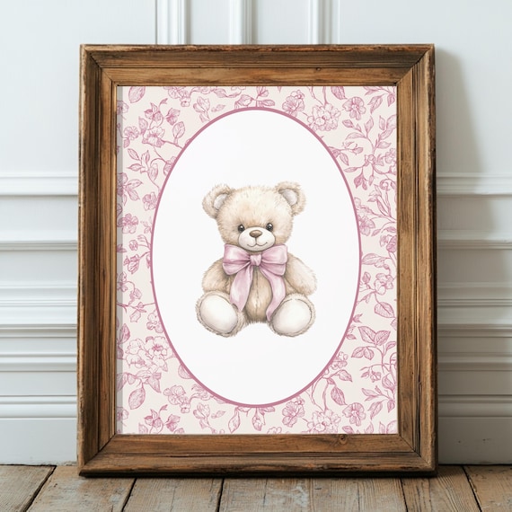 Pink Floral Toile Teddy Bear Nursery Wall Art Dusty Rose Bow Artwork