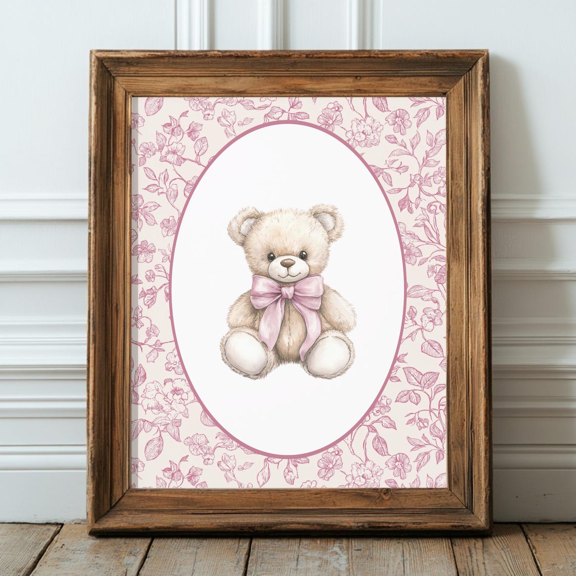 Pink Floral Toile Teddy Bear Nursery Wall Art Dusty Rose Bow Artwork