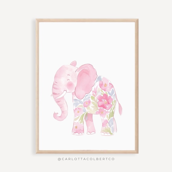 Pink Watercolor Floral Elephant Safari Nursery Poster for Girls