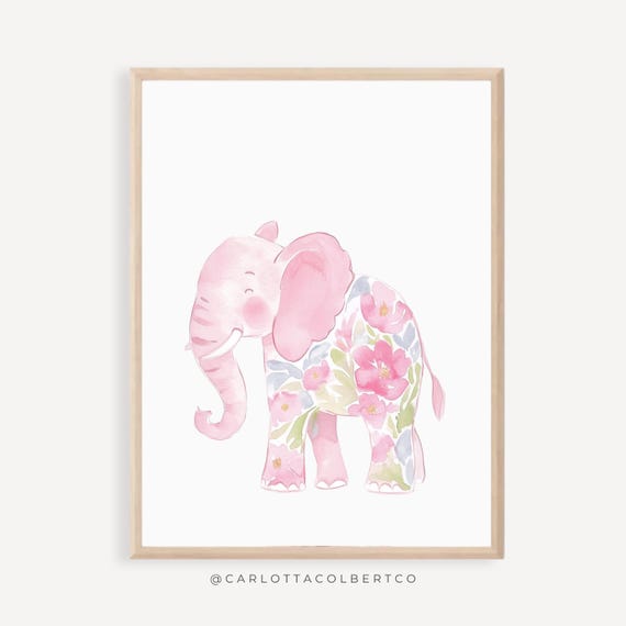 Safari Animal Elephant Print Pink Girl Nursery Floral Art Flower Jungle Animals Girly Poster Preppy Wall