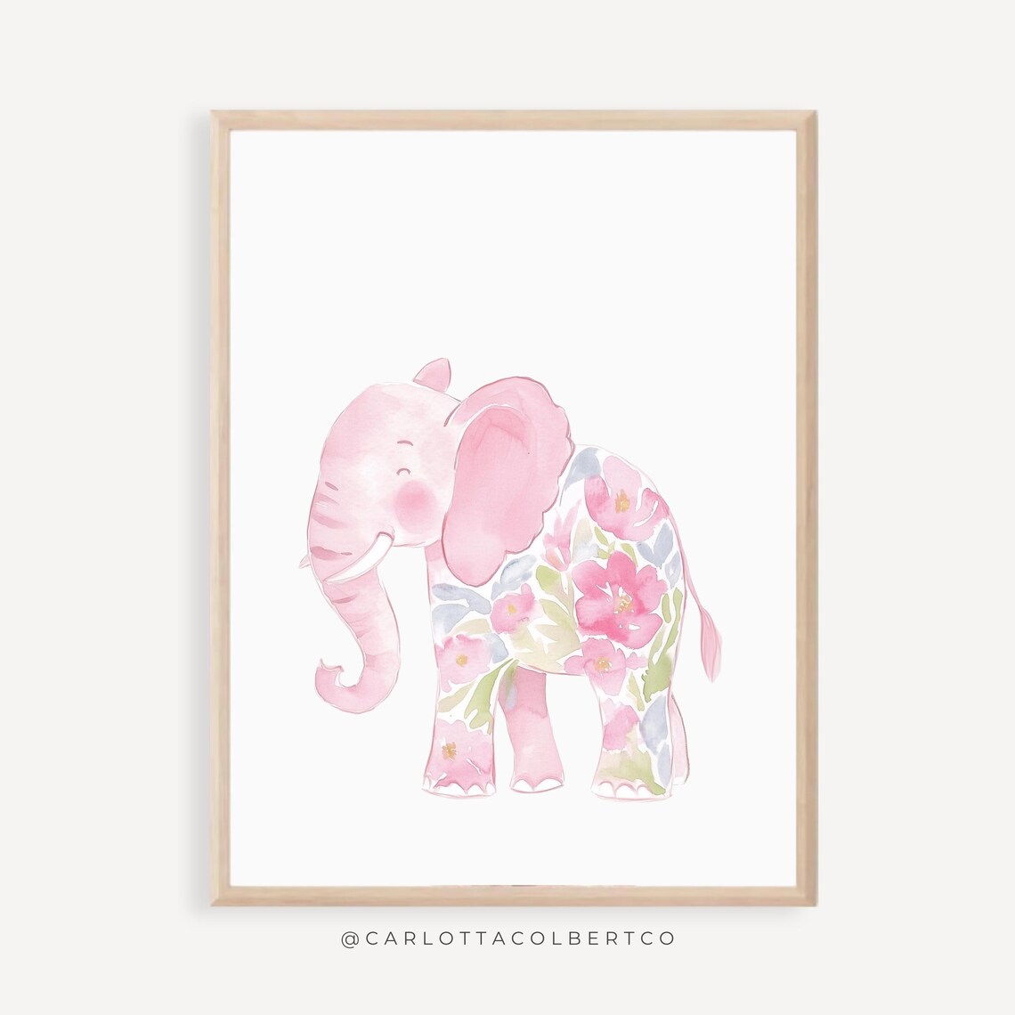 Pink Watercolor Floral Elephant Safari Nursery Poster for Girls