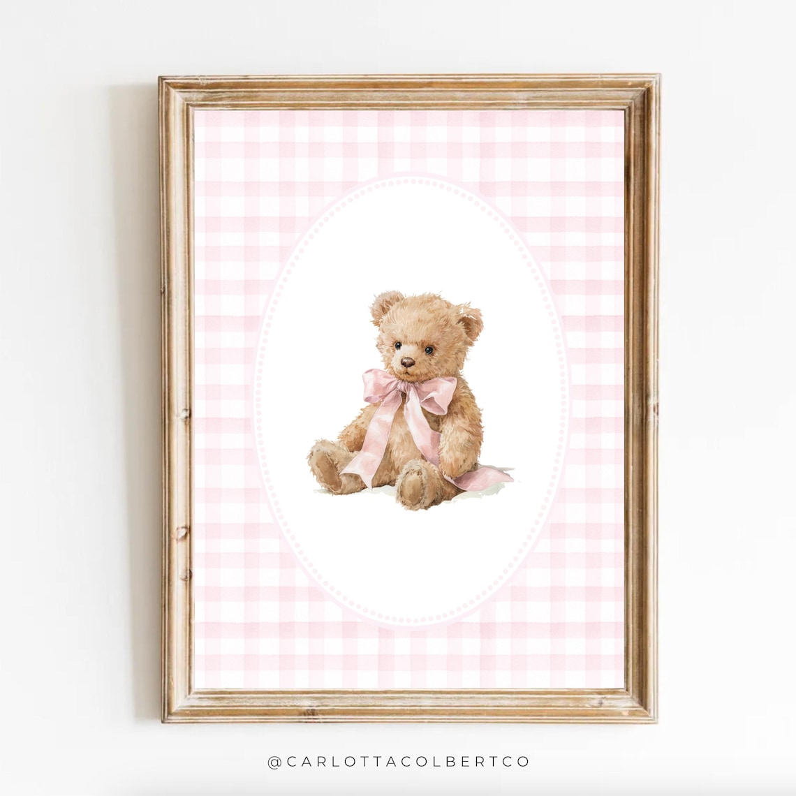 Pink Nursery Teddy Bear Watercolor Gingham Girl Bedroom Poster