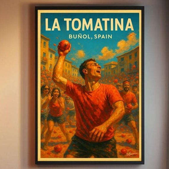 La Tomatina Buol Spain Vintage Travel Poster Tomato Day