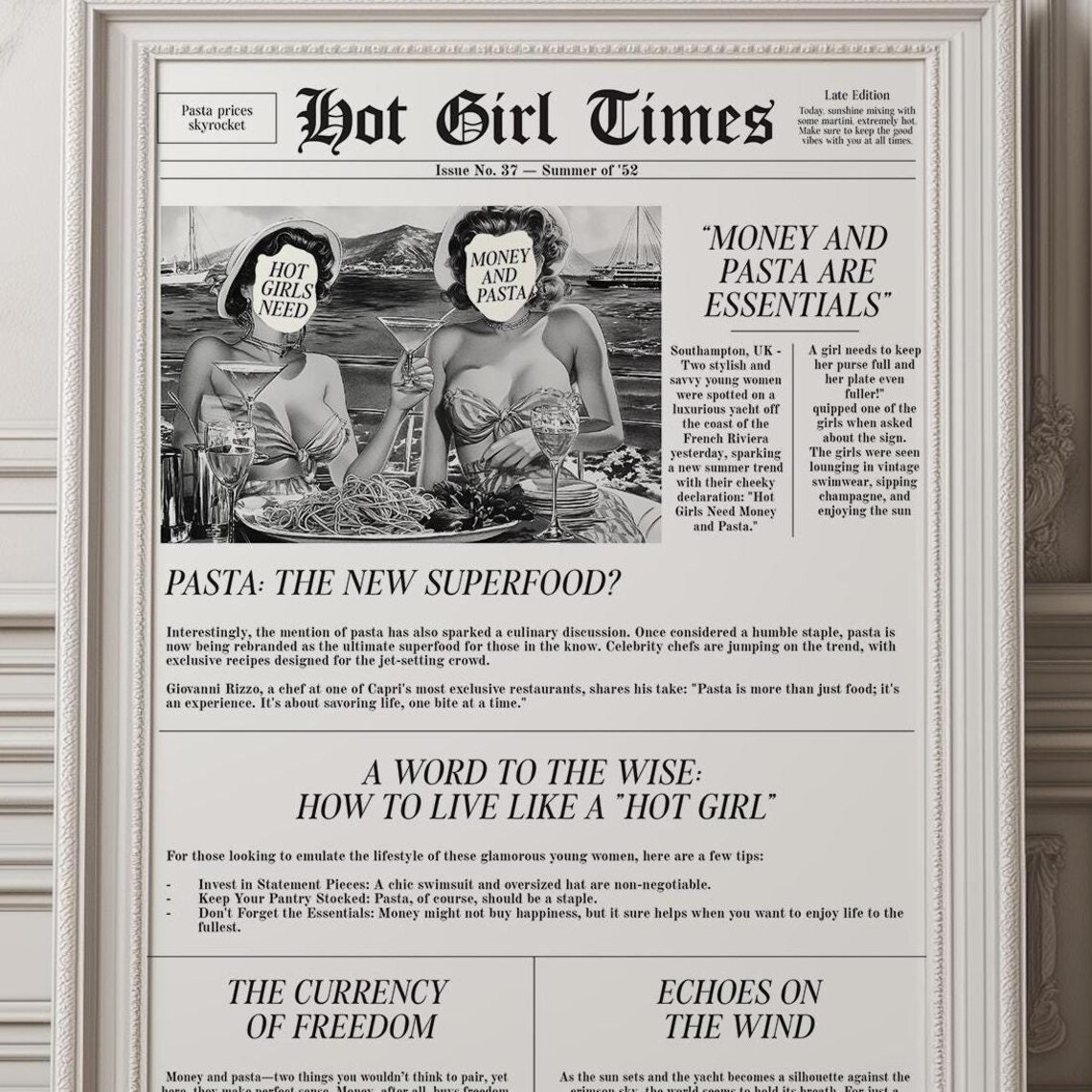 Hot Girl Times Money And Pasta Are Essentials Newspaper Humor Poster