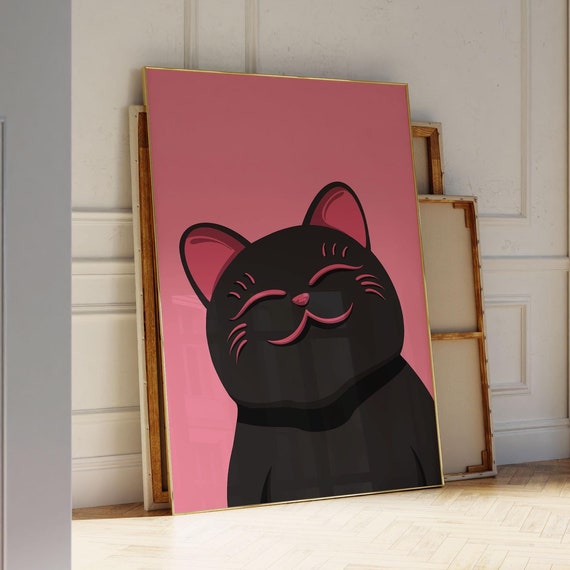 Maneki Neko Black Cat Print Japandi Wall Art Funny Cat Poster For Modern Home Decor