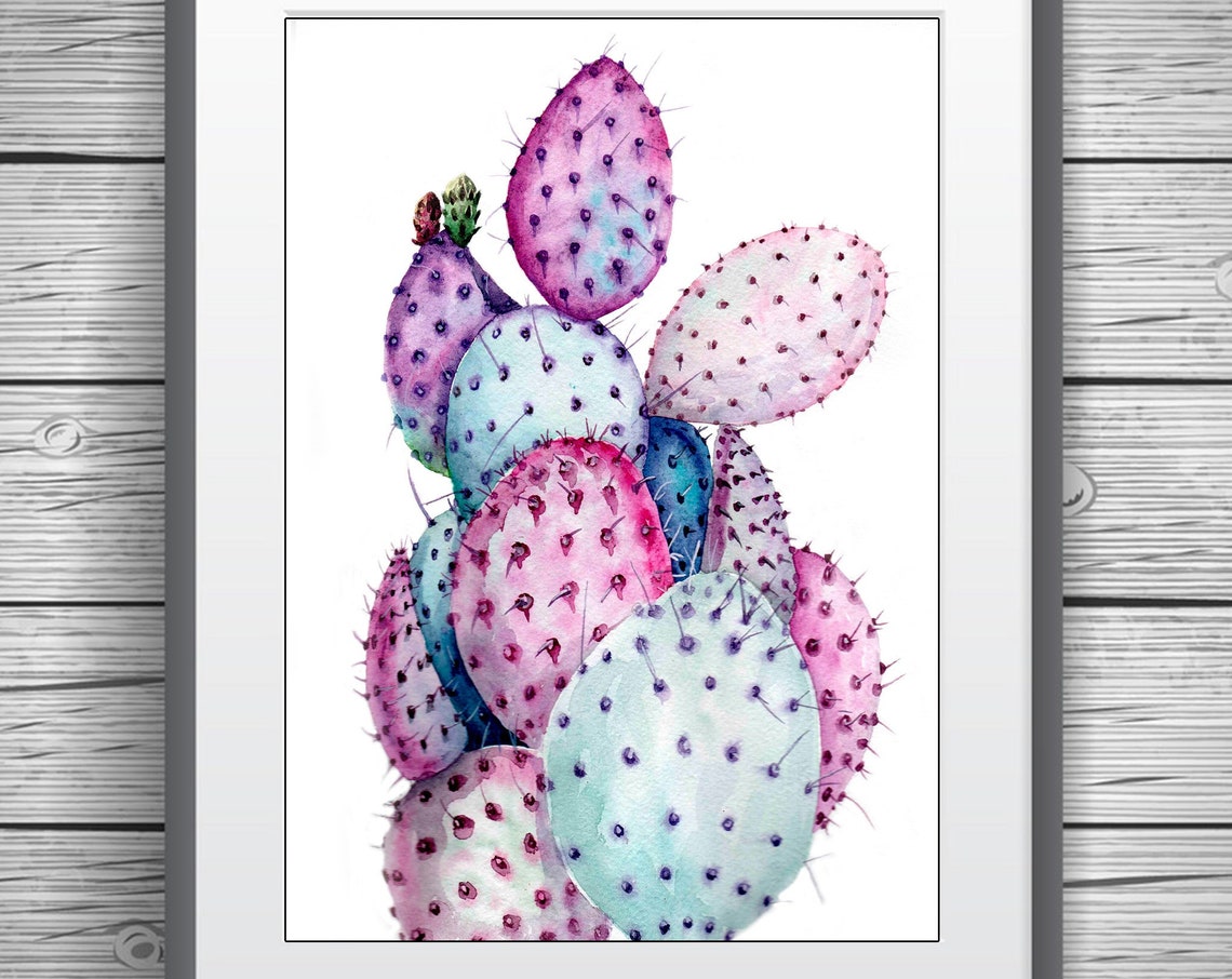 Pastel Pink and Blue Prickly Pear Cactus Watercolor Art Poster - Image 2