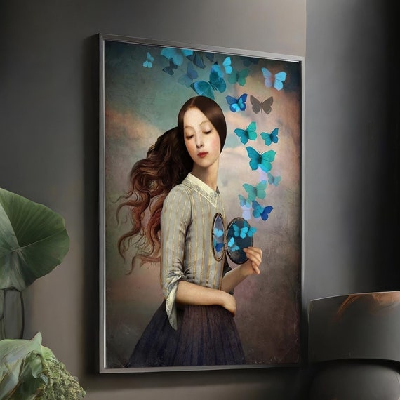 Woman Scattering Blue Butterflies Wall Art Print Girl With Flowing Hair Surreal Themed Figurative Masterpiece Famous Paintings