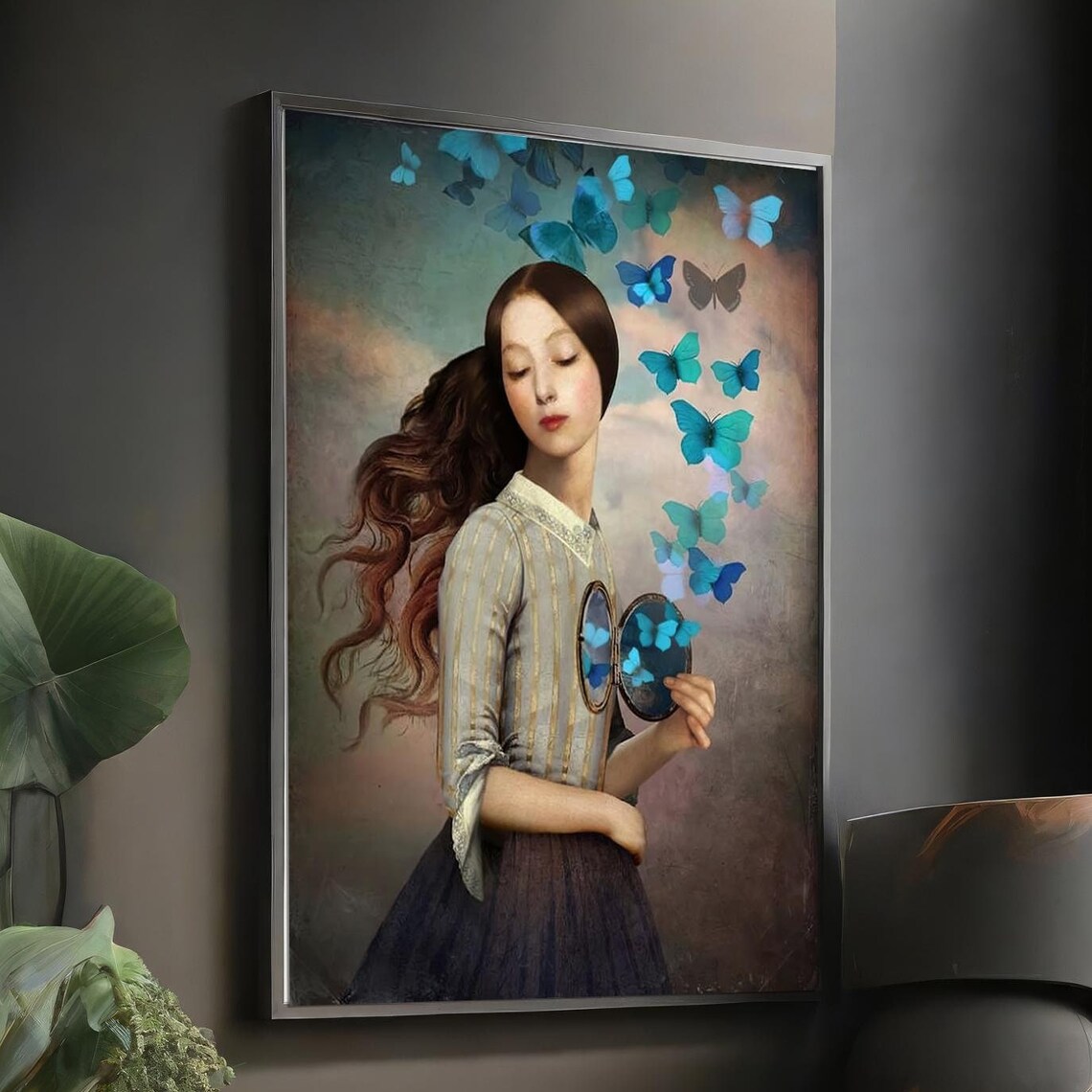 Woman Releasing Blue Butterflies Dreamlike Surreal Portrait Poster