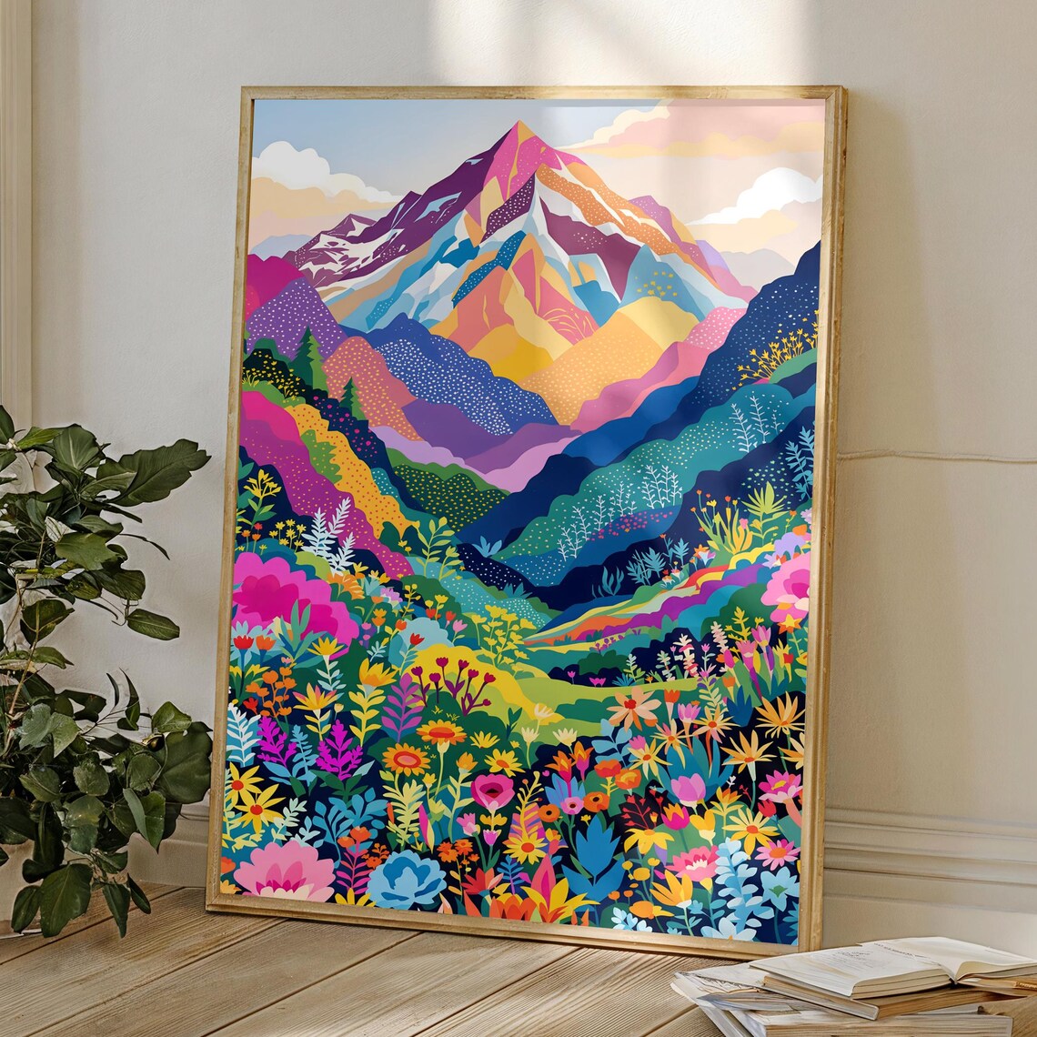 Abstract Flowers Mountain Landscape, Modern Nature Scene - Image 3