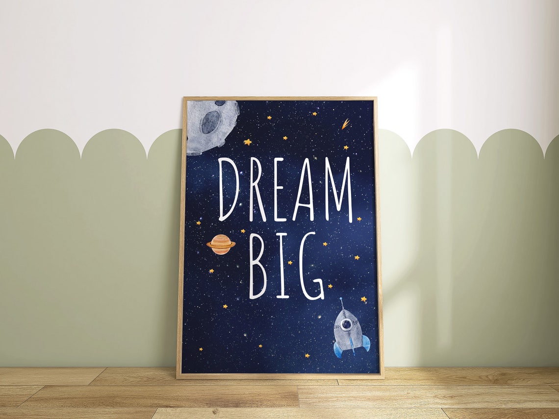 Dream Big Space Rockets Stars Navy Nursery Kids Room Quote Poster - Image 2