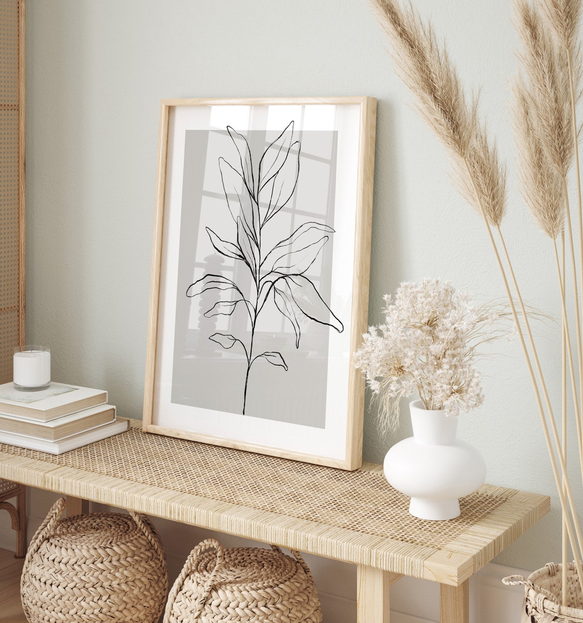 Grey Botanical Line Art Leaf Branch Minimalist Neutral Home Poster - Image 2