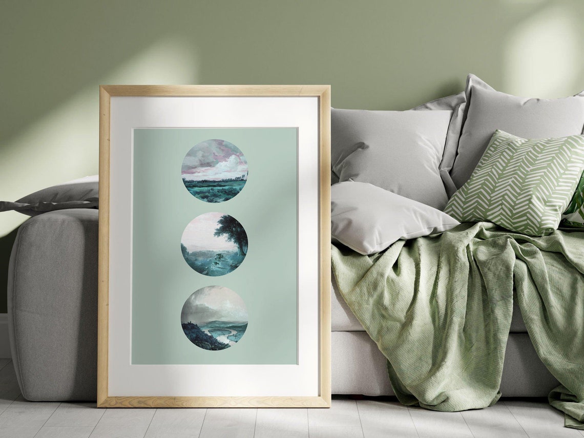 Three Circle Teal Landscape Minimalist Modern Sage Green Wall Art
