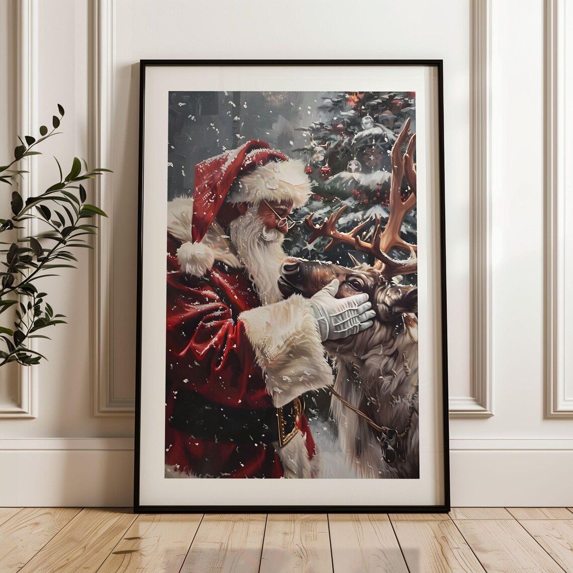 Classic Christmas Santa Claus Reindeer Vintage Art Print