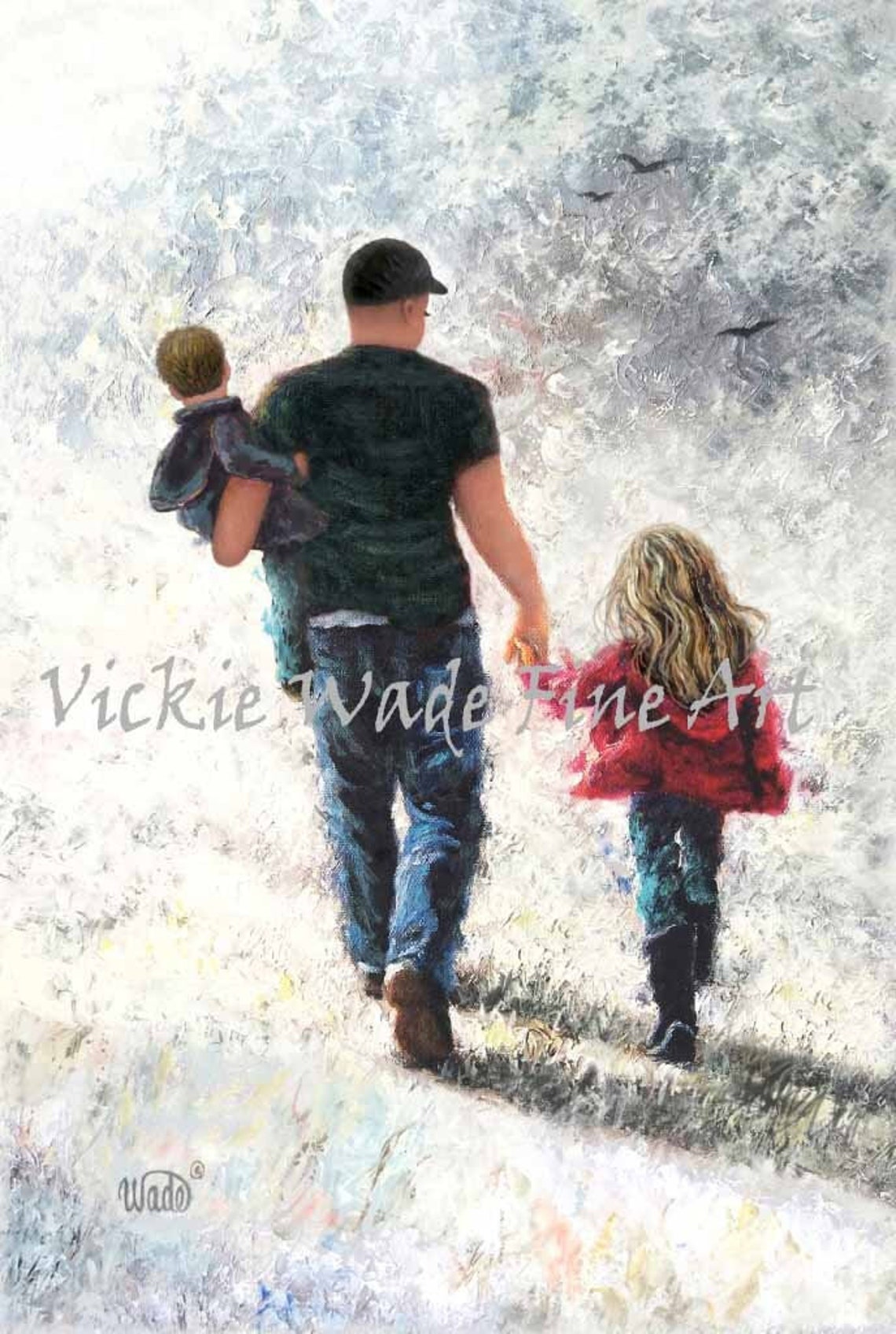 Father Carrying His Son and Holding Daughter's Hand in Snow Poster
