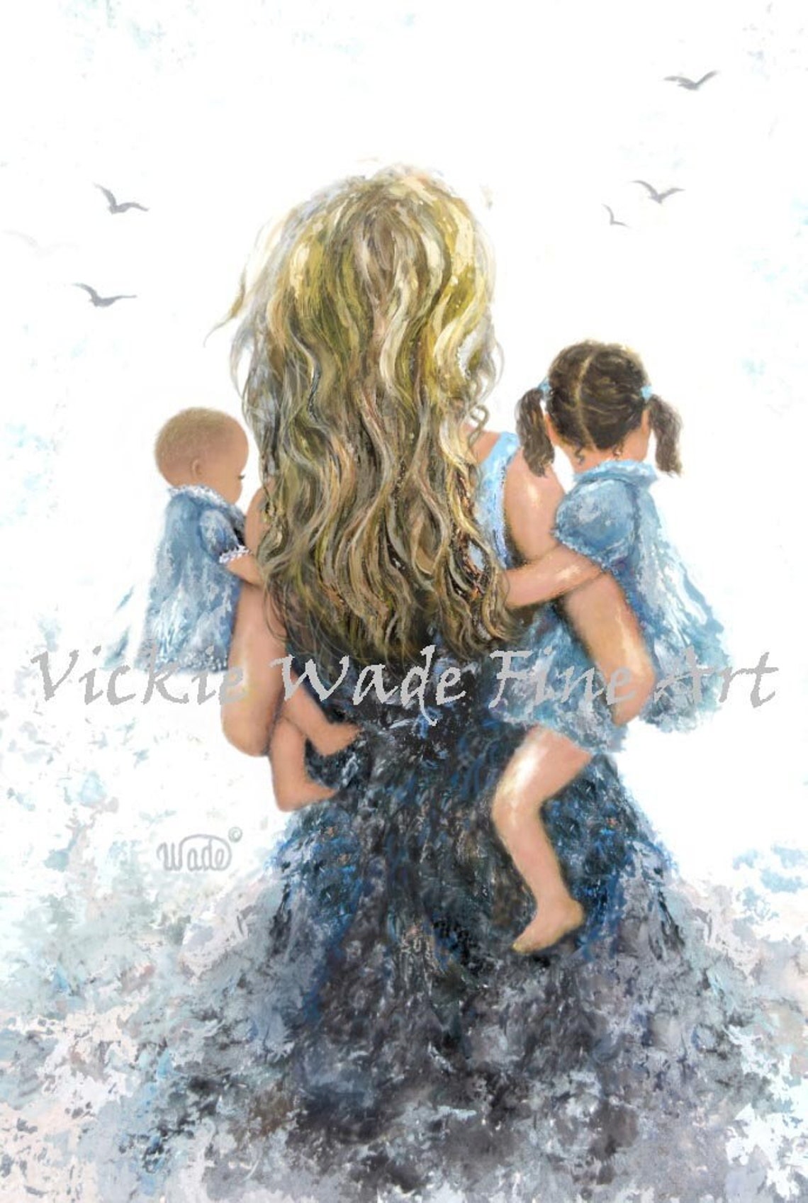 Mother And Two Baby Daughters Art Print Two Little Sisters Two Baby Girls Mother Carrying Baby Mom Mum Vickie Wade Art