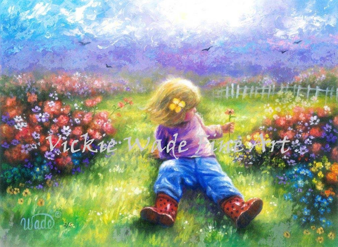 Blonde Girl In Flowers Art Print Little Blonde Girl Sitting In Flower Garden Baby Girl Holding Flower Ladybug Boots Vickie Wade Art