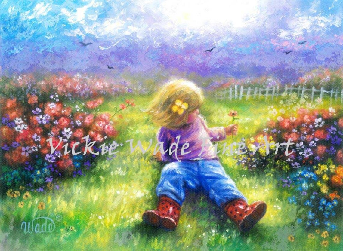 Little Blonde Girl Sitting in a Colorful Flower Garden Poster