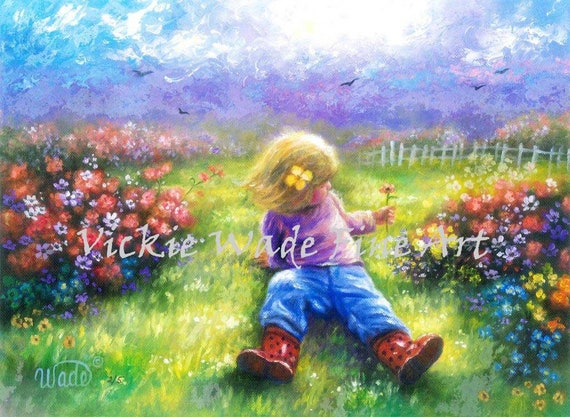 Blonde Girl In Flowers Art Print Little Blonde Girl Sitting In Flower Garden Baby Girl Holding Flower Ladybug Boots Vickie Wade Art