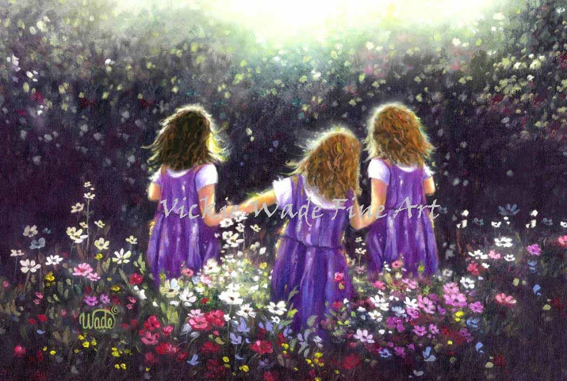Three Sisters In Purple Dresses Walking Through Flowers Poster