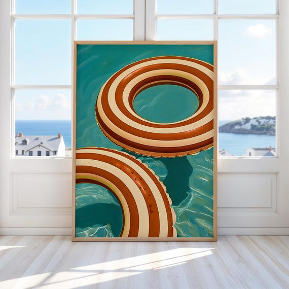 Red Striped Pool Float Oil Painting Summer Print Tropical Ocean Poster