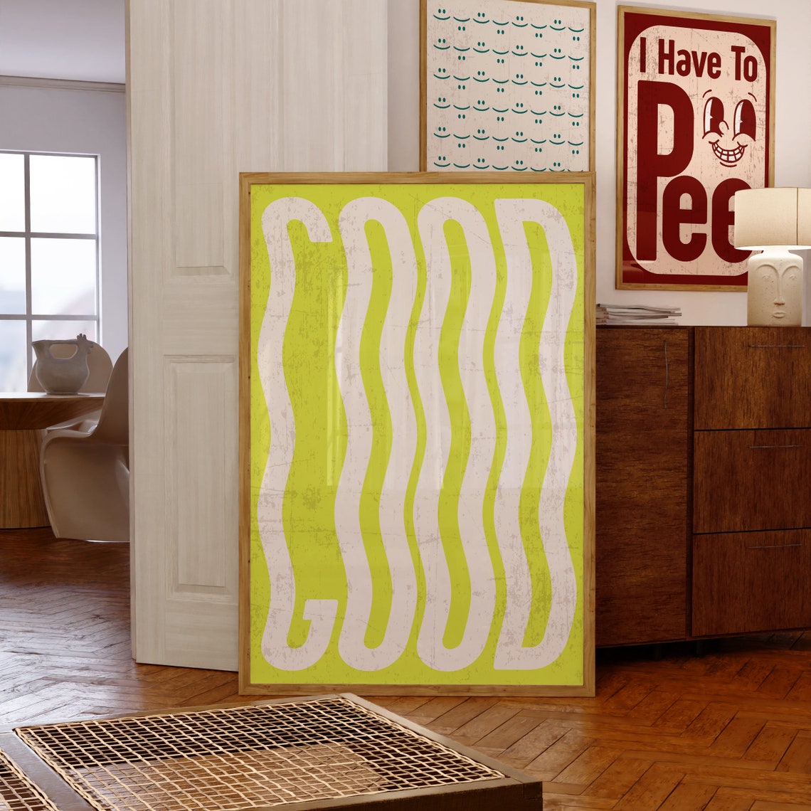 Lime Green Wavy Stripes Abstract Groovy Retro Style Wall Poster