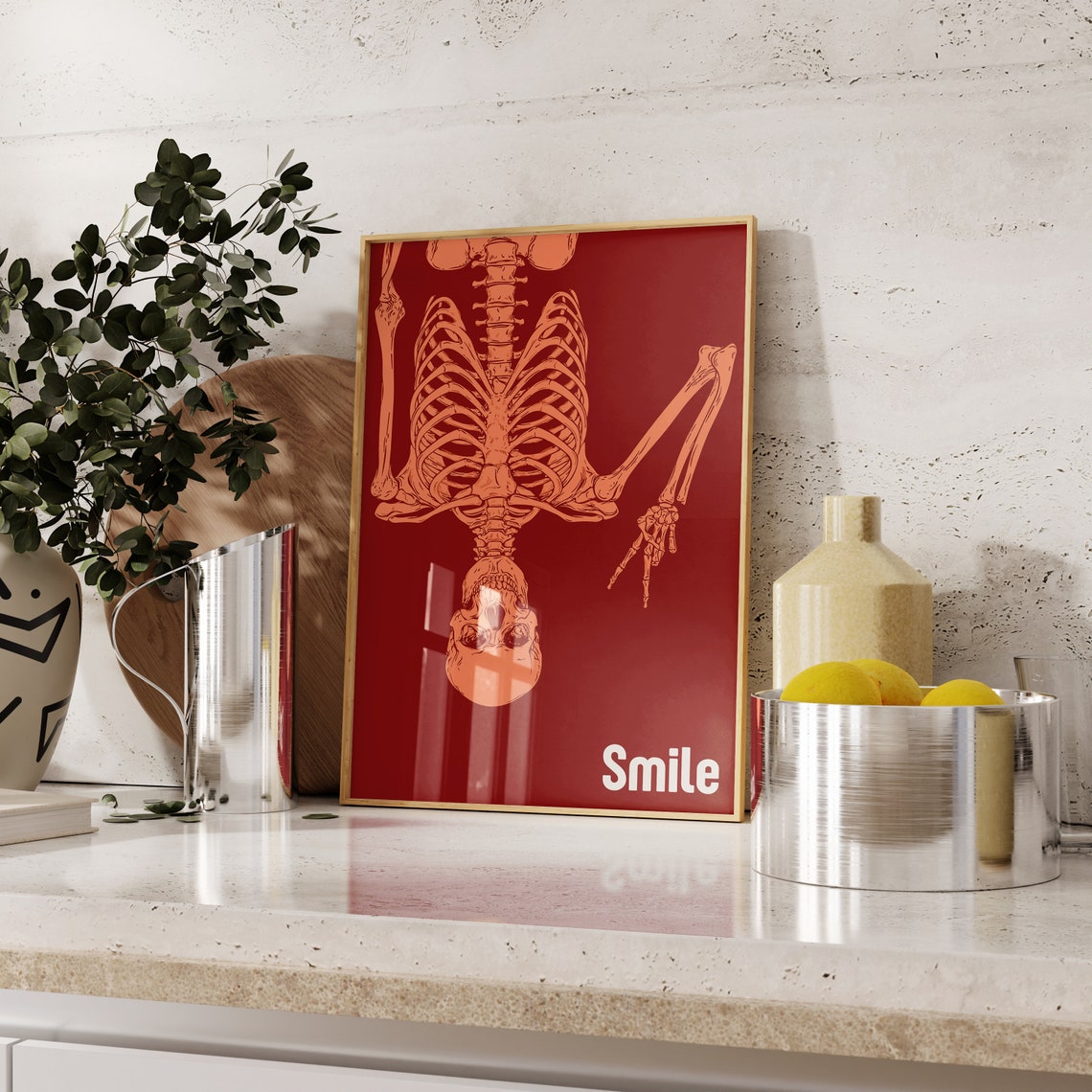 Smile Inverted Skeleton Bold Red Moody Gothic Halloween Art Poster - Image 2