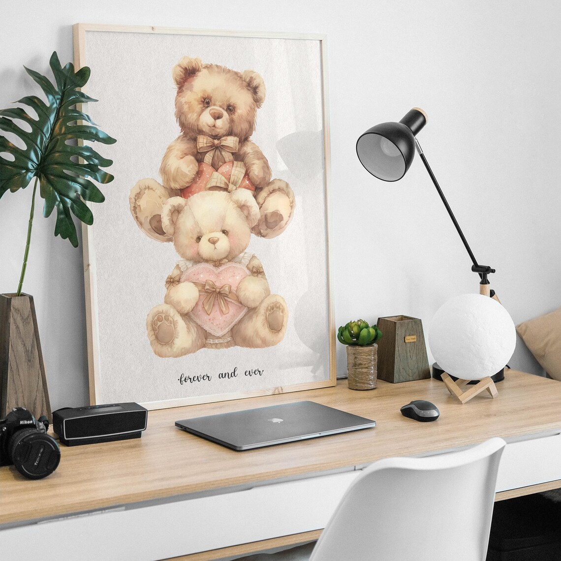 Forever and Ever Cute Watercolor Teddy Bear Couple Love Wall Art - Image 3