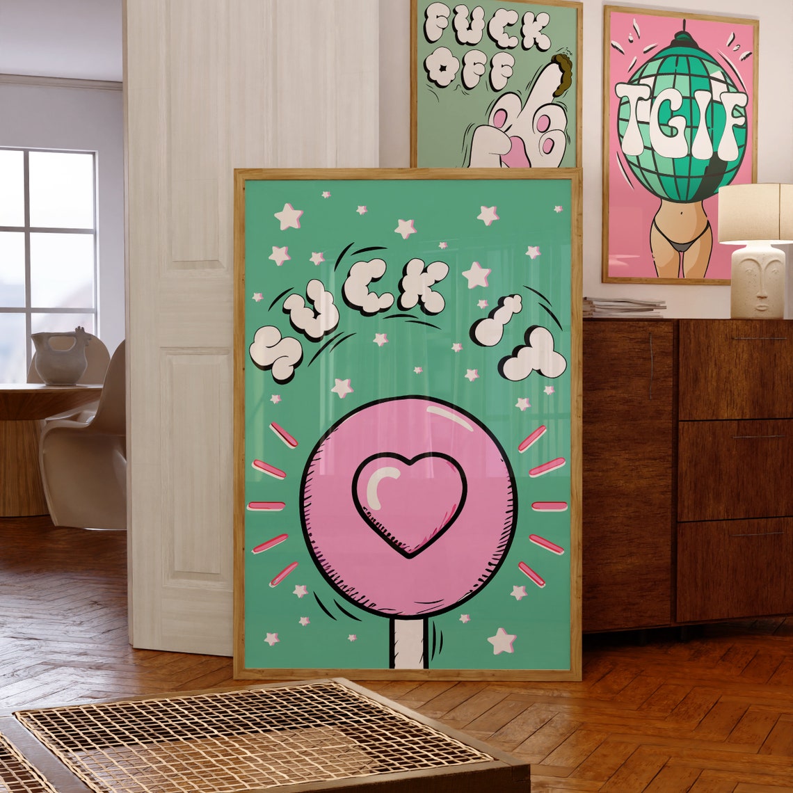 Suck It Pink Lollipop Heart Retro Green Bubble Letter Fun Poster - Image 3