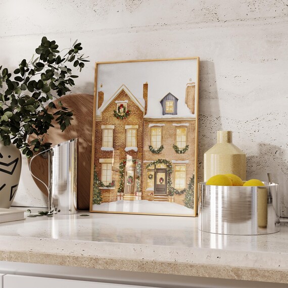 Snowy Brick Townhouse Christmas Watercolor Holiday Village Poster