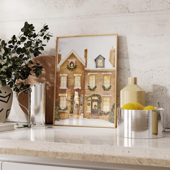 Watercolor Noel House Christmas Poster Xmas Decor Print Merry Home Street
