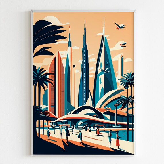 Dubai Travel Poster City View Illustration Colorful Travel Print Landscape Print Gold Of The Desert Wall Art