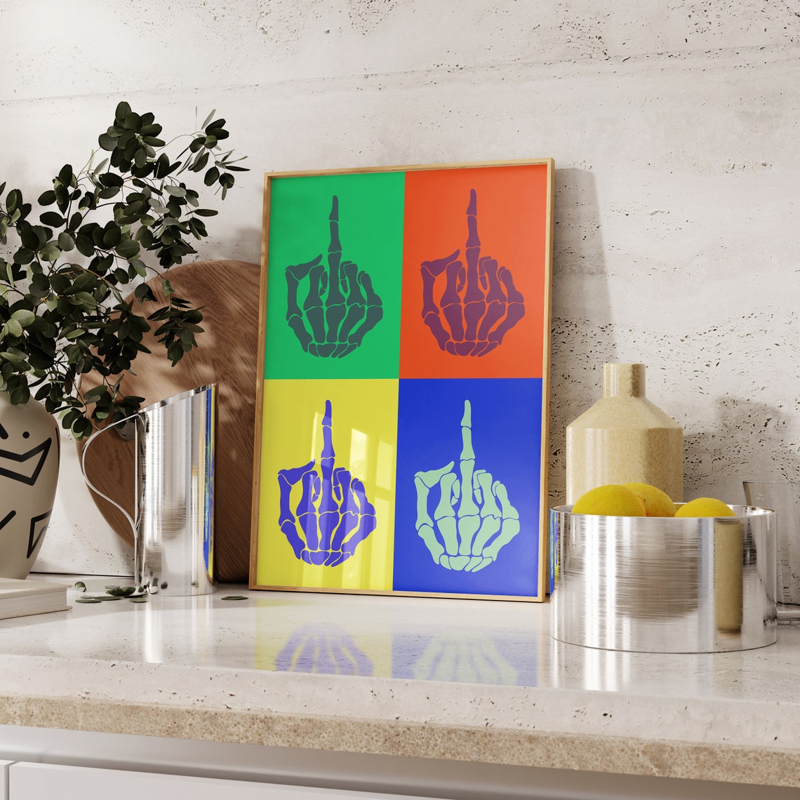 Colorful Pop Art Skeleton Hand Middle Finger Four Panel Poster