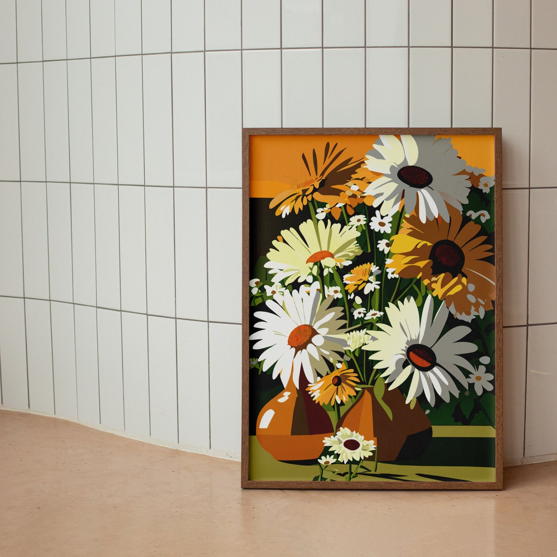 Warm Sunset Daisies In Amber Vase Retro Floral Illustration Poster - Image 2