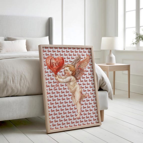 Cupids Love Balloon Wall Art Love Print Valentines Day Decor Romantic Wall Art Cute Poster Retro Wall Decor Typography Art