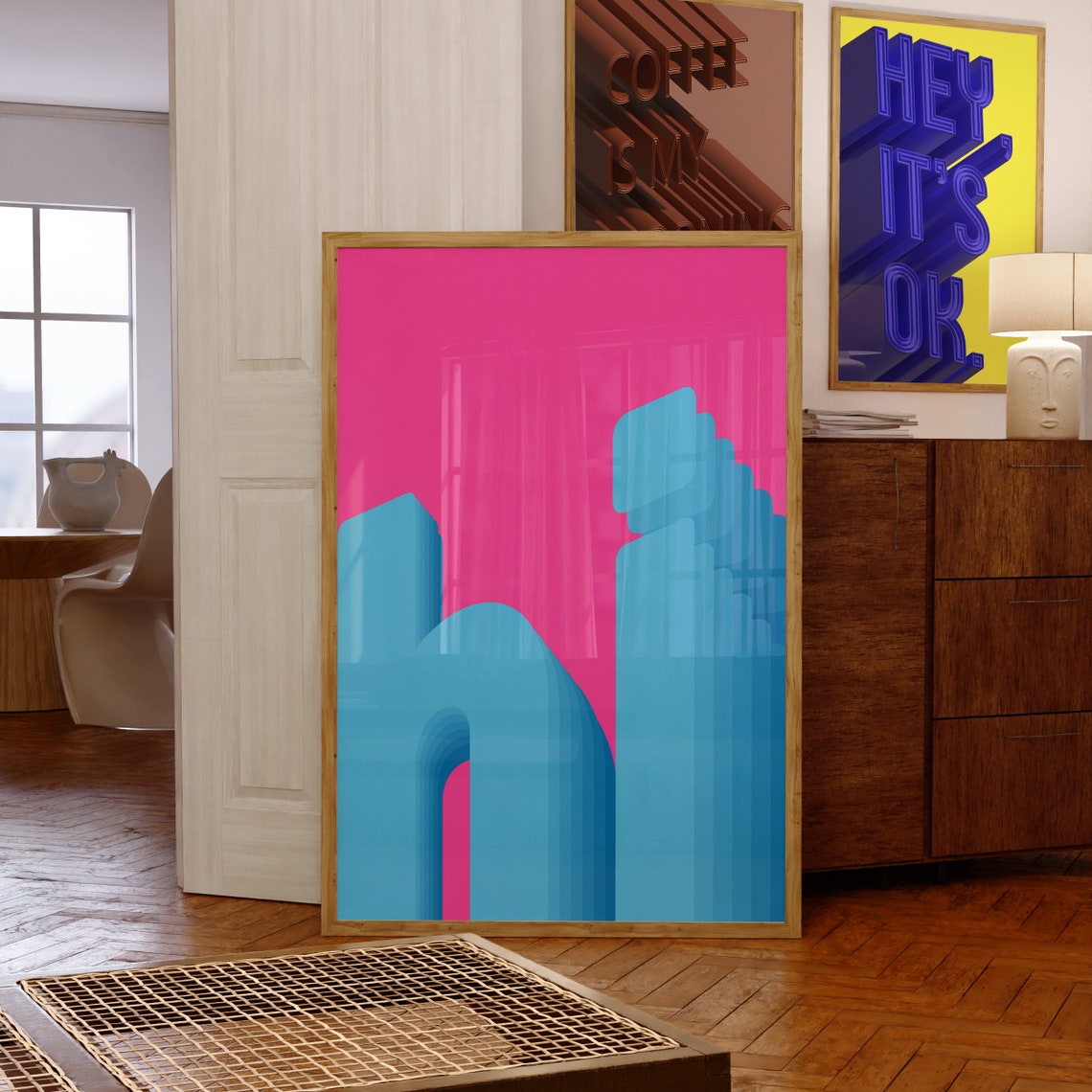 Hot Pink Blue Geometric Bauhaus Abstract City Style Wall Poster - Image 7