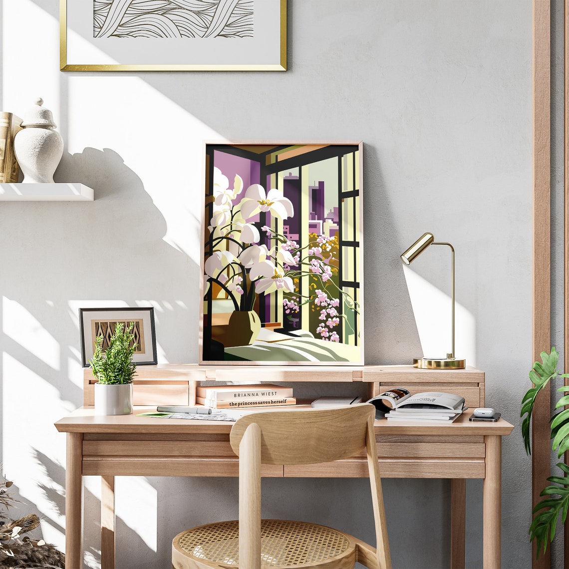 Dreamy Pink Orchids City Window View Floral Illustration Poster - Image 3