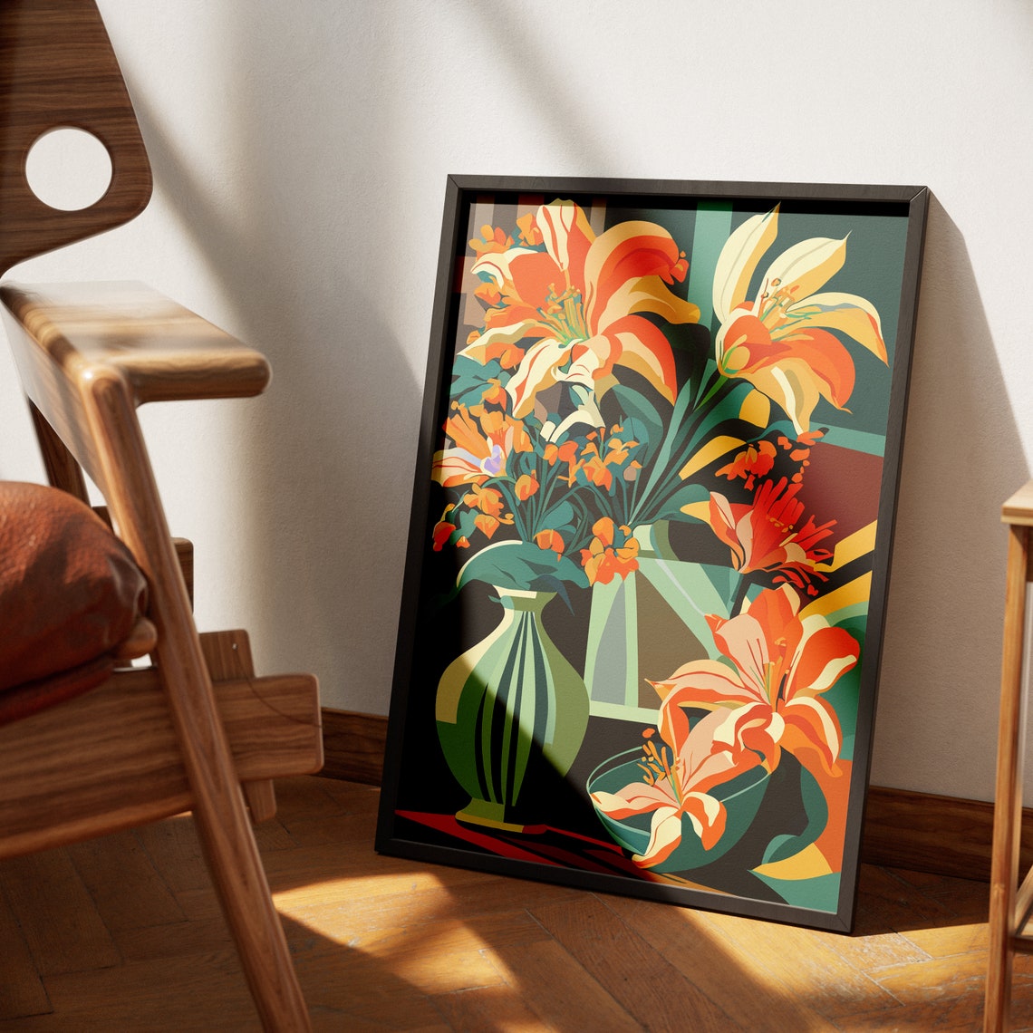 Fiery Orange Lilies In A Vase Dramatic Floral Illustration Poster - Image 4