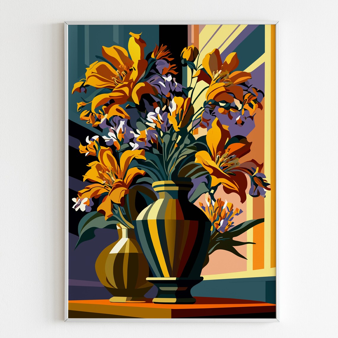 Sunny Yellow Lilies In Striped Vases Floral Illustration Poster