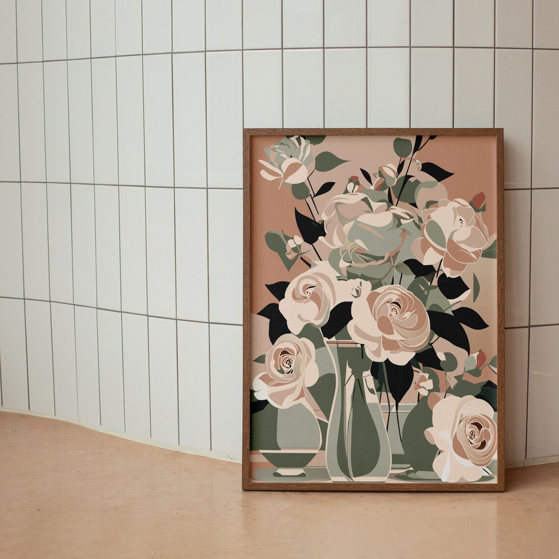 Soft Blush Roses In Vases Sage Neutral Floral Illustration Poster - Image 2