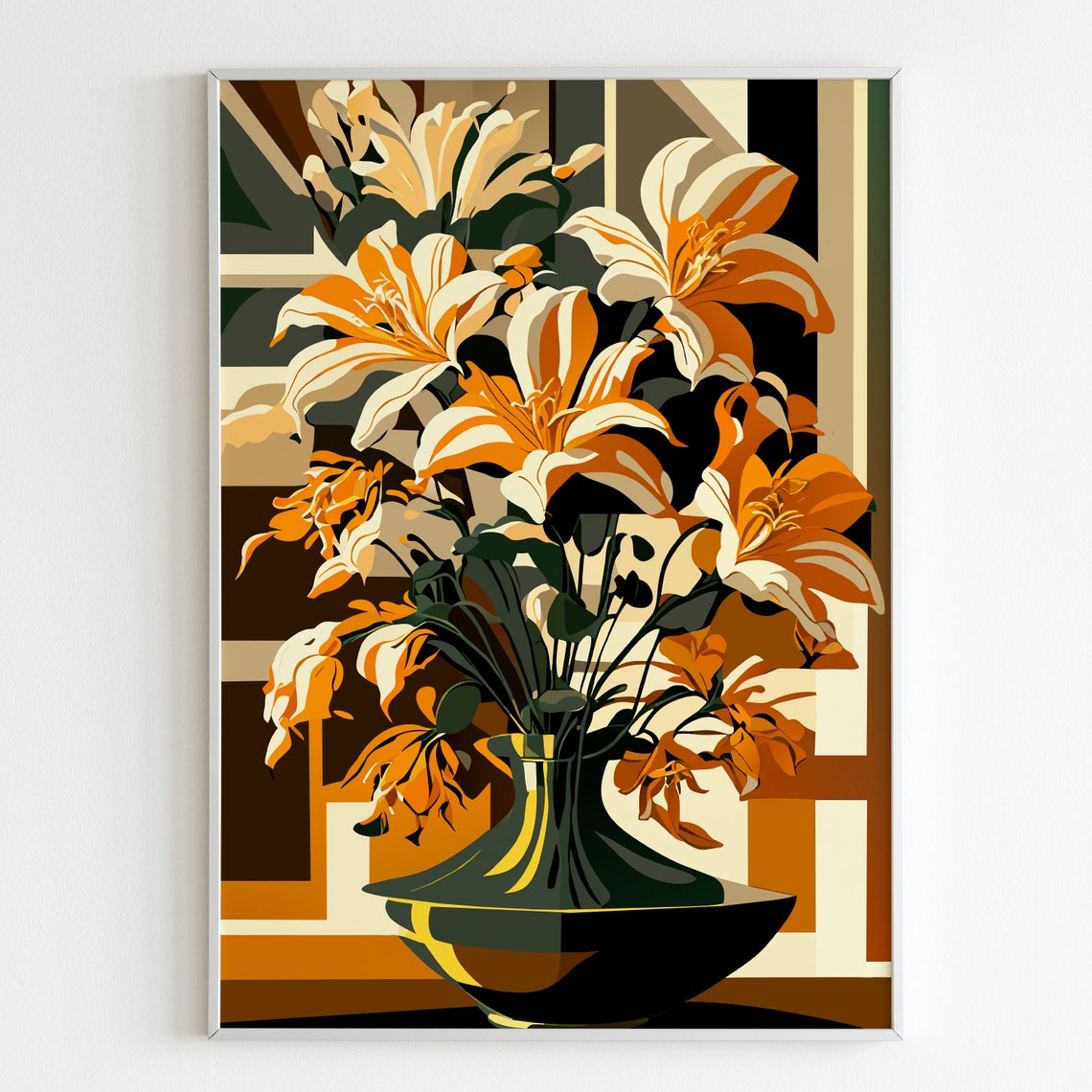Golden Lilies In Dark Green Vase Art Deco Floral Illustration Poster