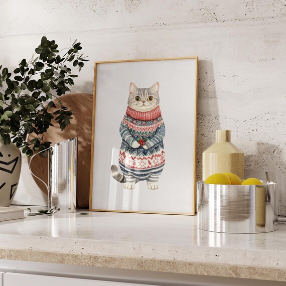 Watercolor Kitten In Fair Isle Christmas Sweater Holiday Poster
