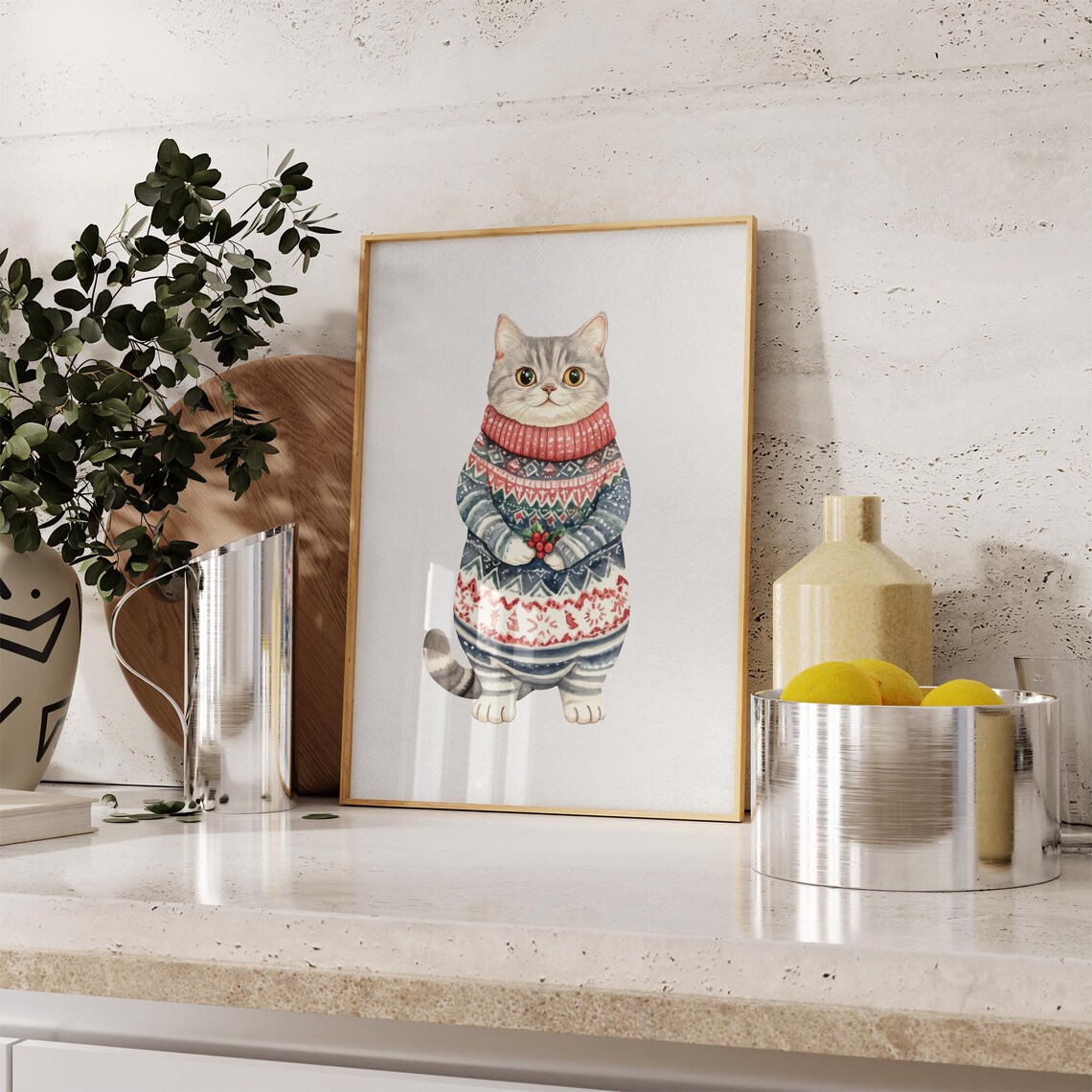Watercolor Kitten In Fair Isle Christmas Sweater Holiday Poster