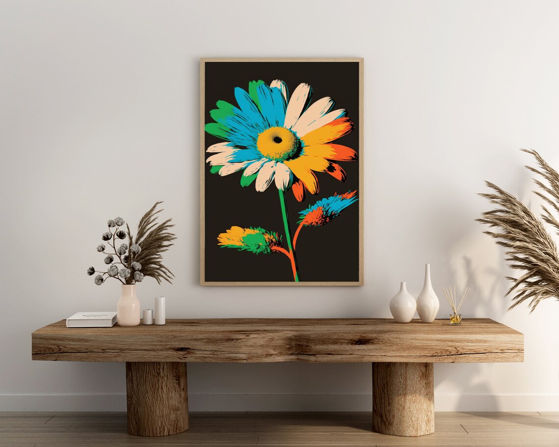 Colorful Pop Art Daisy Poster Vibrant Bloom on Dark Background - Image 3